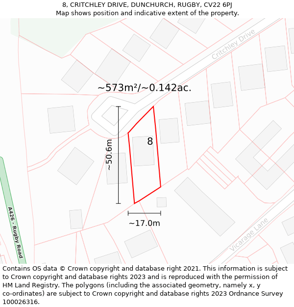 8, CRITCHLEY DRIVE, DUNCHURCH, RUGBY, CV22 6PJ: Plot and title map