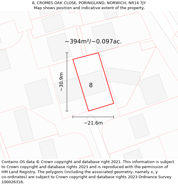 8, CROMES OAK CLOSE, PORINGLAND, NORWICH, NR14 7JY: Plot and title map