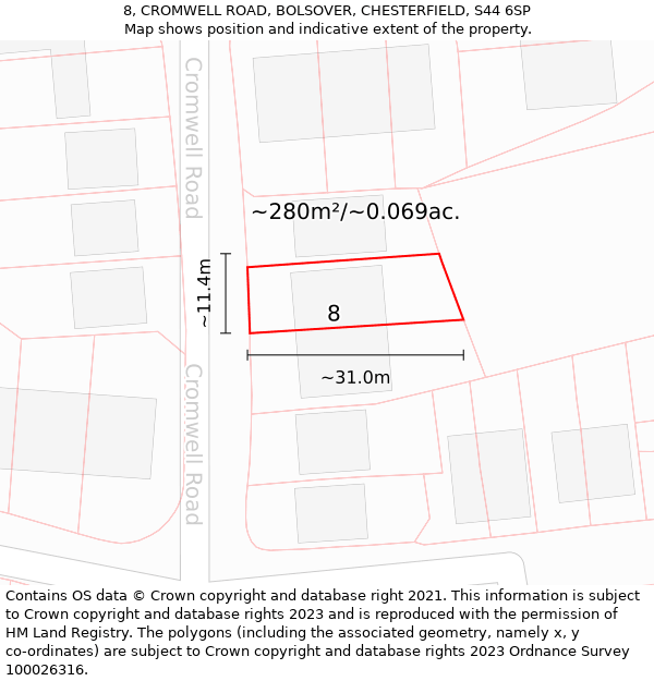 8, CROMWELL ROAD, BOLSOVER, CHESTERFIELD, S44 6SP: Plot and title map