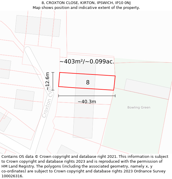 8, CROXTON CLOSE, KIRTON, IPSWICH, IP10 0NJ: Plot and title map