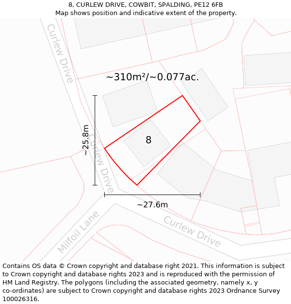 8, CURLEW DRIVE, COWBIT, SPALDING, PE12 6FB: Plot and title map