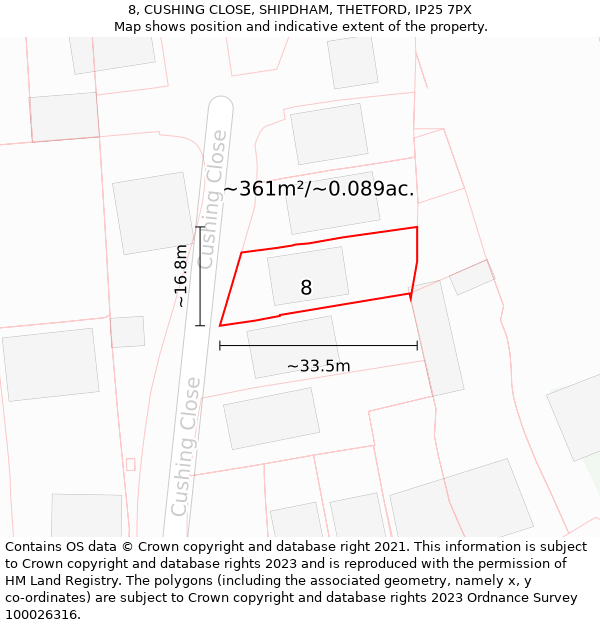 8, CUSHING CLOSE, SHIPDHAM, THETFORD, IP25 7PX: Plot and title map