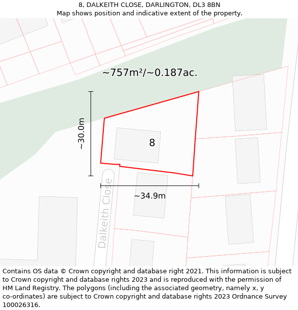 8, DALKEITH CLOSE, DARLINGTON, DL3 8BN: Plot and title map