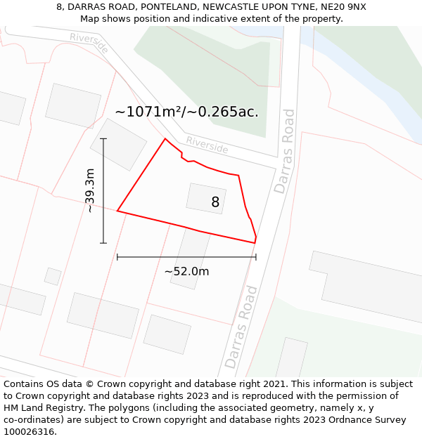 8, DARRAS ROAD, PONTELAND, NEWCASTLE UPON TYNE, NE20 9NX: Plot and title map