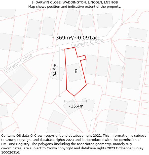 8, DARWIN CLOSE, WADDINGTON, LINCOLN, LN5 9GB: Plot and title map