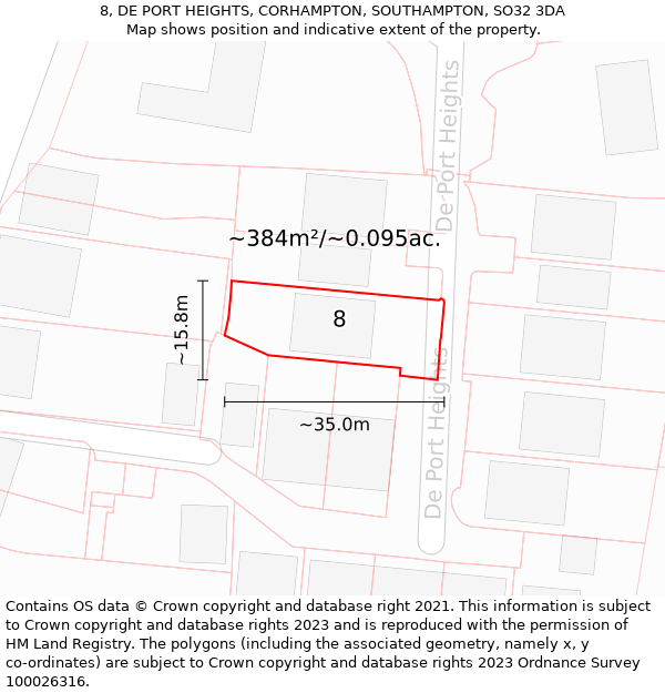 8, DE PORT HEIGHTS, CORHAMPTON, SOUTHAMPTON, SO32 3DA: Plot and title map