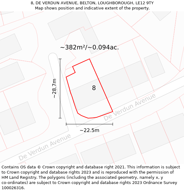 8, DE VERDUN AVENUE, BELTON, LOUGHBOROUGH, LE12 9TY: Plot and title map