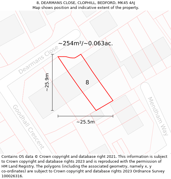 8, DEARMANS CLOSE, CLOPHILL, BEDFORD, MK45 4AJ: Plot and title map