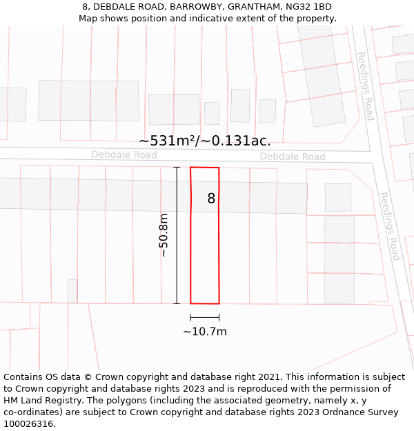 8, DEBDALE ROAD, BARROWBY, GRANTHAM, NG32 1BD: Plot and title map