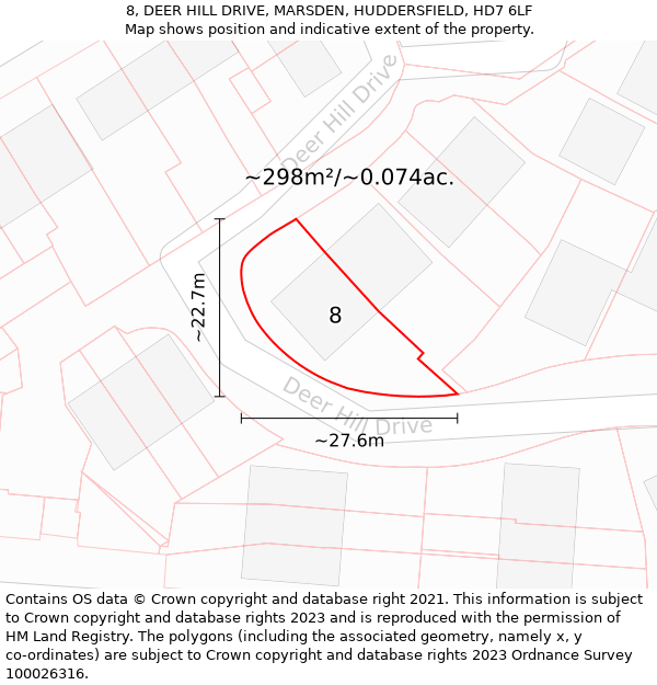 8, DEER HILL DRIVE, MARSDEN, HUDDERSFIELD, HD7 6LF: Plot and title map