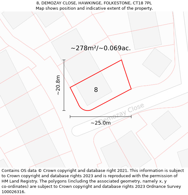 8, DEMOZAY CLOSE, HAWKINGE, FOLKESTONE, CT18 7PL: Plot and title map