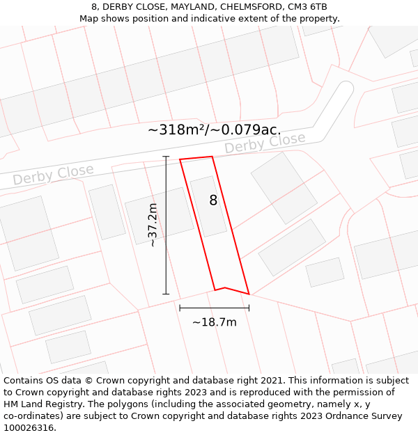 8, DERBY CLOSE, MAYLAND, CHELMSFORD, CM3 6TB: Plot and title map
