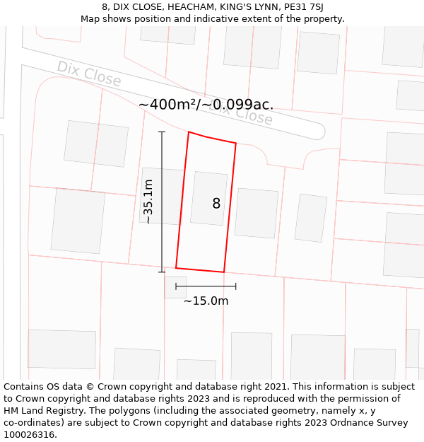 8, DIX CLOSE, HEACHAM, KING'S LYNN, PE31 7SJ: Plot and title map