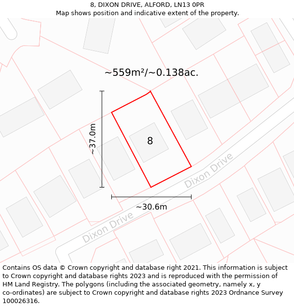 8, DIXON DRIVE, ALFORD, LN13 0PR: Plot and title map