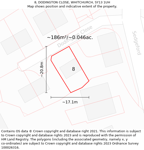 8, DODINGTON CLOSE, WHITCHURCH, SY13 1UH: Plot and title map