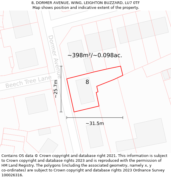 8, DORMER AVENUE, WING, LEIGHTON BUZZARD, LU7 0TF: Plot and title map