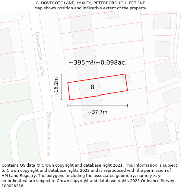 8, DOVECOTE LANE, YAXLEY, PETERBOROUGH, PE7 3NF: Plot and title map