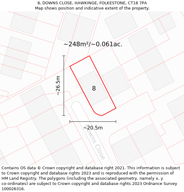 8, DOWNS CLOSE, HAWKINGE, FOLKESTONE, CT18 7PA: Plot and title map