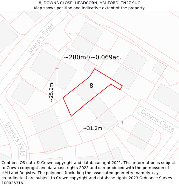 8, DOWNS CLOSE, HEADCORN, ASHFORD, TN27 9UG: Plot and title map