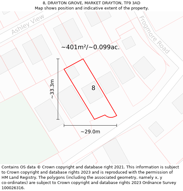 8, DRAYTON GROVE, MARKET DRAYTON, TF9 3AD: Plot and title map