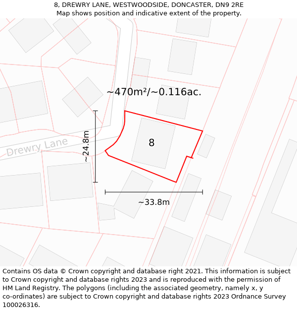 8, DREWRY LANE, WESTWOODSIDE, DONCASTER, DN9 2RE: Plot and title map