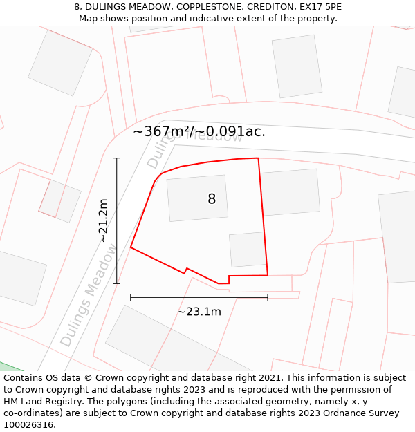 8, DULINGS MEADOW, COPPLESTONE, CREDITON, EX17 5PE: Plot and title map