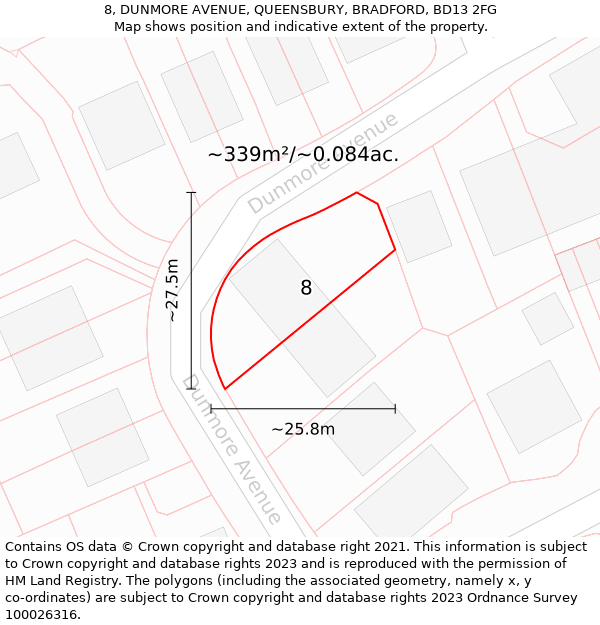 8, DUNMORE AVENUE, QUEENSBURY, BRADFORD, BD13 2FG: Plot and title map