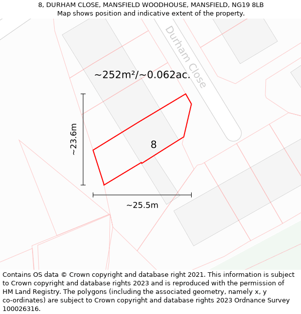 8, DURHAM CLOSE, MANSFIELD WOODHOUSE, MANSFIELD, NG19 8LB: Plot and title map