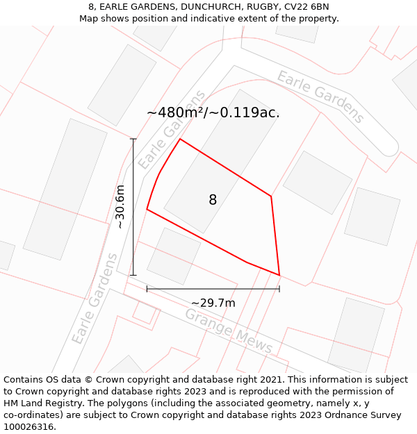 8, EARLE GARDENS, DUNCHURCH, RUGBY, CV22 6BN: Plot and title map