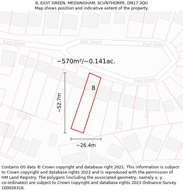 8, EAST GREEN, MESSINGHAM, SCUNTHORPE, DN17 3QU: Plot and title map