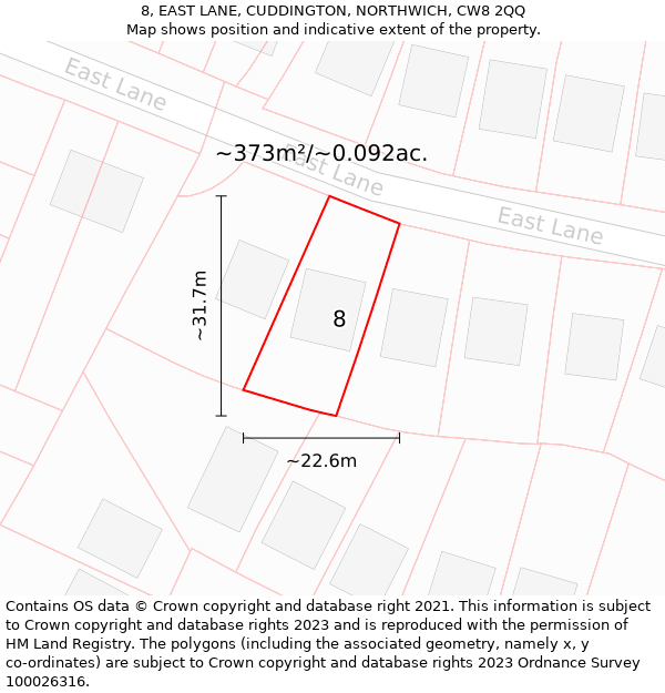8, EAST LANE, CUDDINGTON, NORTHWICH, CW8 2QQ: Plot and title map