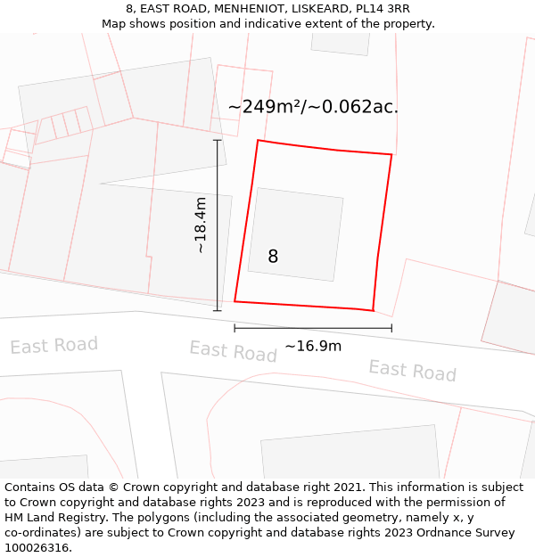 8, EAST ROAD, MENHENIOT, LISKEARD, PL14 3RR: Plot and title map