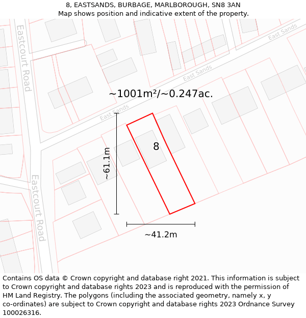 8, EASTSANDS, BURBAGE, MARLBOROUGH, SN8 3AN: Plot and title map