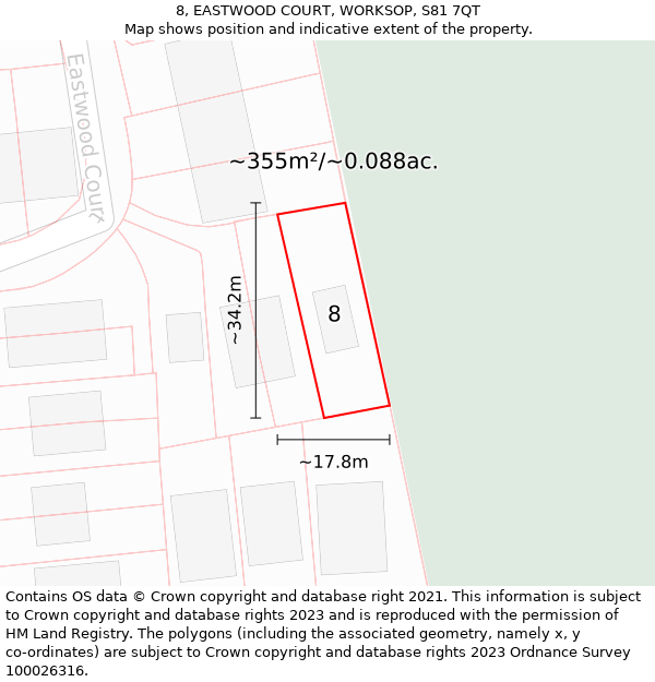 8, EASTWOOD COURT, WORKSOP, S81 7QT: Plot and title map