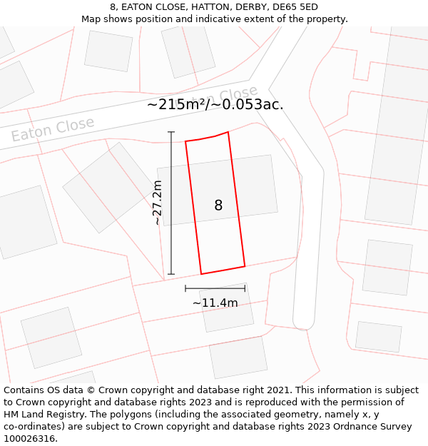 8, EATON CLOSE, HATTON, DERBY, DE65 5ED: Plot and title map