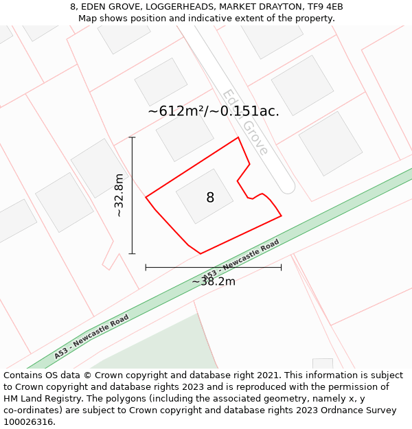 8, EDEN GROVE, LOGGERHEADS, MARKET DRAYTON, TF9 4EB: Plot and title map