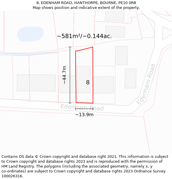 8, EDENHAM ROAD, HANTHORPE, BOURNE, PE10 0RB: Plot and title map