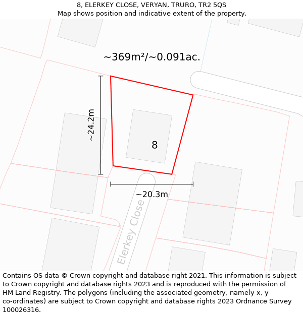 8, ELERKEY CLOSE, VERYAN, TRURO, TR2 5QS: Plot and title map