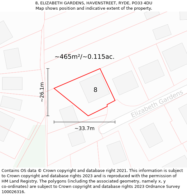 8, ELIZABETH GARDENS, HAVENSTREET, RYDE, PO33 4DU: Plot and title map