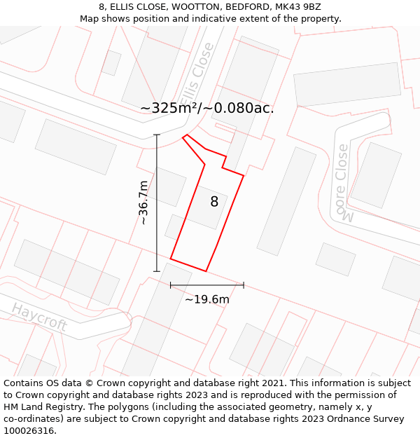 8, ELLIS CLOSE, WOOTTON, BEDFORD, MK43 9BZ: Plot and title map