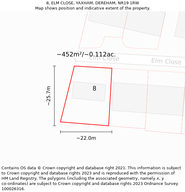 8, ELM CLOSE, YAXHAM, DEREHAM, NR19 1RW: Plot and title map