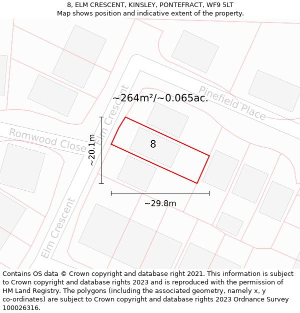 8, ELM CRESCENT, KINSLEY, PONTEFRACT, WF9 5LT: Plot and title map