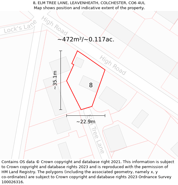 8, ELM TREE LANE, LEAVENHEATH, COLCHESTER, CO6 4UL: Plot and title map