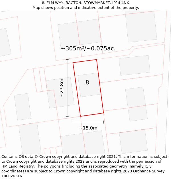 8, ELM WAY, BACTON, STOWMARKET, IP14 4NX: Plot and title map