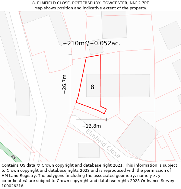 8, ELMFIELD CLOSE, POTTERSPURY, TOWCESTER, NN12 7PE: Plot and title map