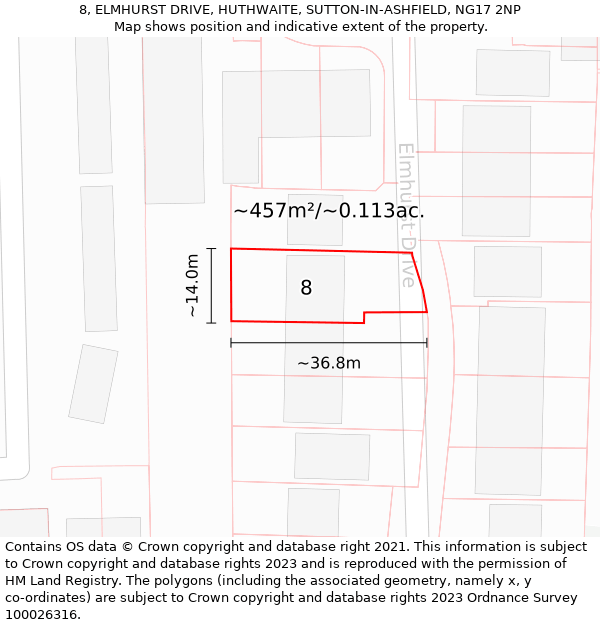 8, ELMHURST DRIVE, HUTHWAITE, SUTTON-IN-ASHFIELD, NG17 2NP: Plot and title map