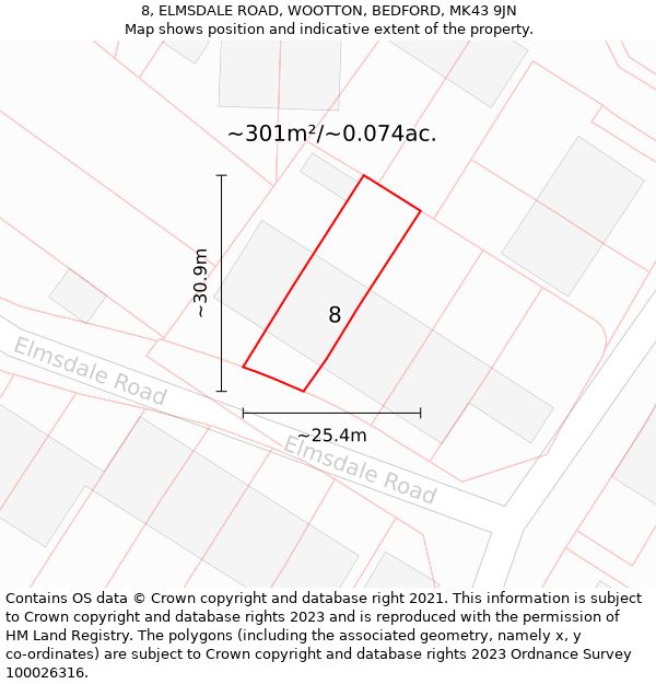 8, ELMSDALE ROAD, WOOTTON, BEDFORD, MK43 9JN: Plot and title map