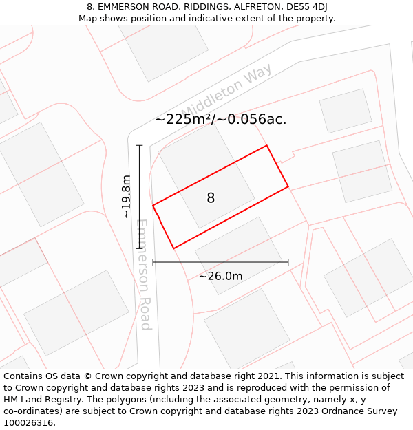 8, EMMERSON ROAD, RIDDINGS, ALFRETON, DE55 4DJ: Plot and title map