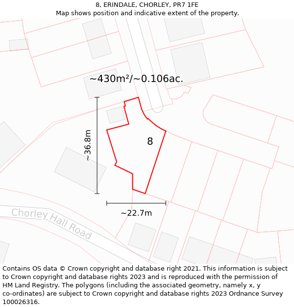 8, ERINDALE, CHORLEY, PR7 1FE: Plot and title map