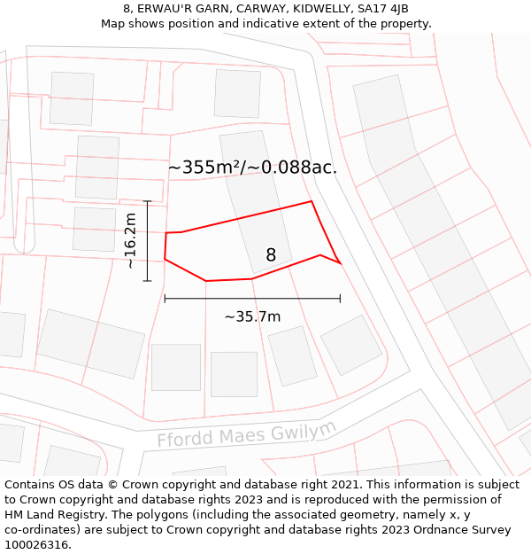 8, ERWAU'R GARN, CARWAY, KIDWELLY, SA17 4JB: Plot and title map